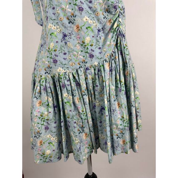 Mable Size Large Floral Drop Waist Mini Dress Ruched Pleated Tie Strap Cottage - Picture 5 of 12